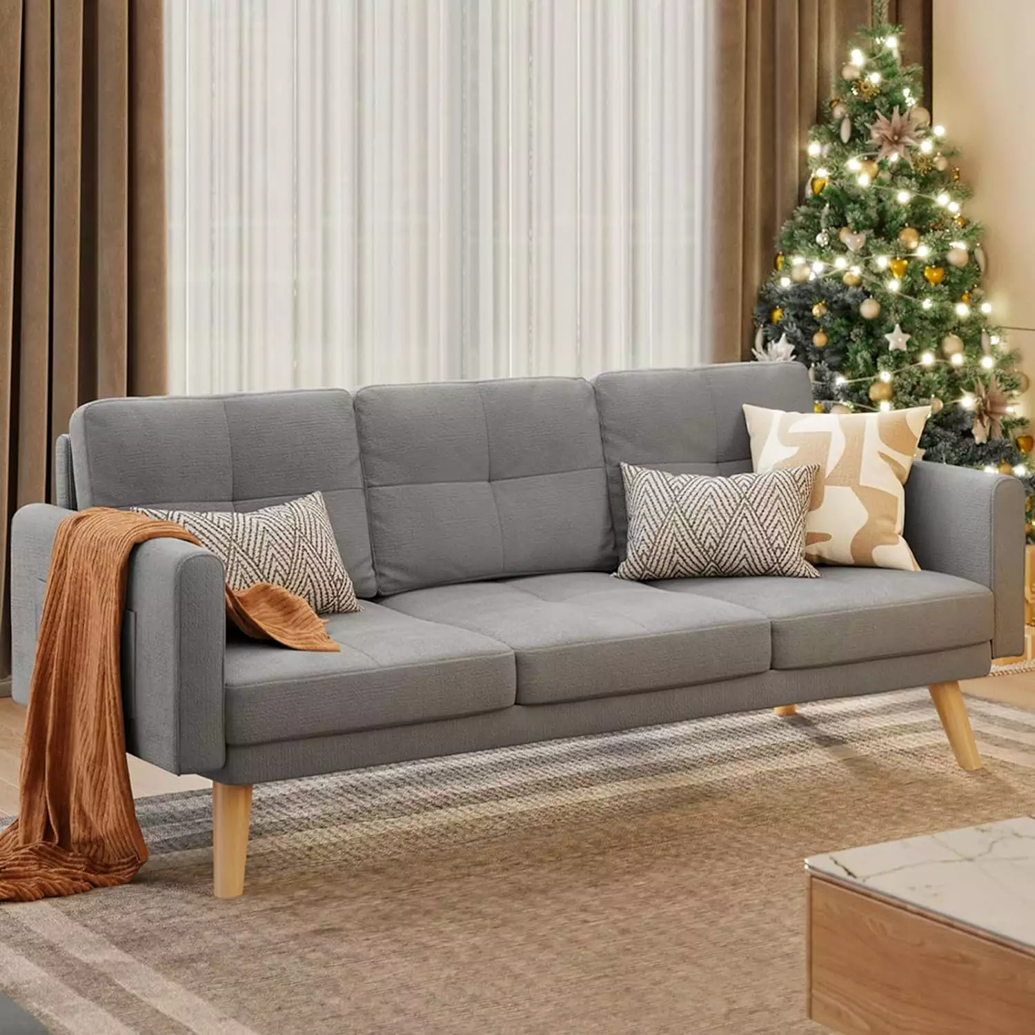 67 Inch Small 2 Seater Sofa Soft Armrests and 3 Pillows Gray jq01