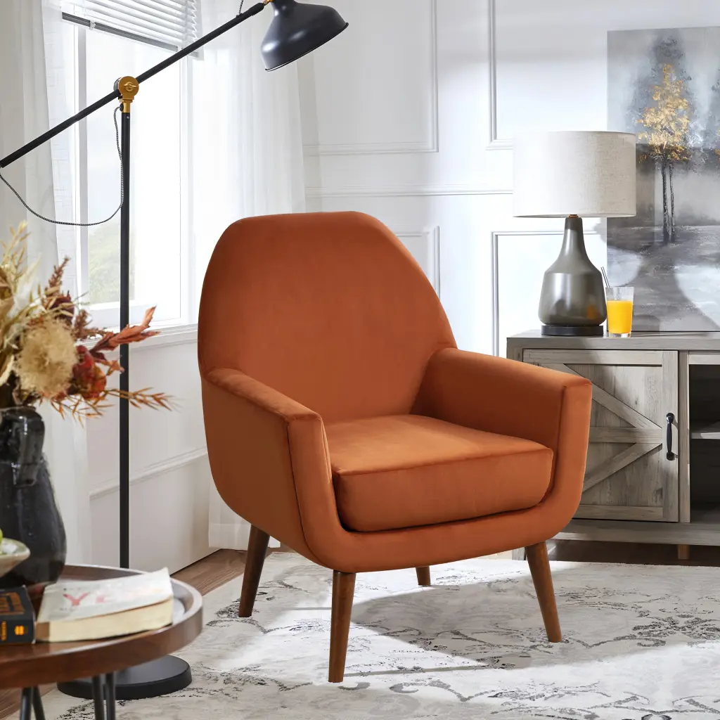 Astrid Mid Century Burnt Orange Velvet Arm Chair Orange Foam Velvet ridgecrest home
