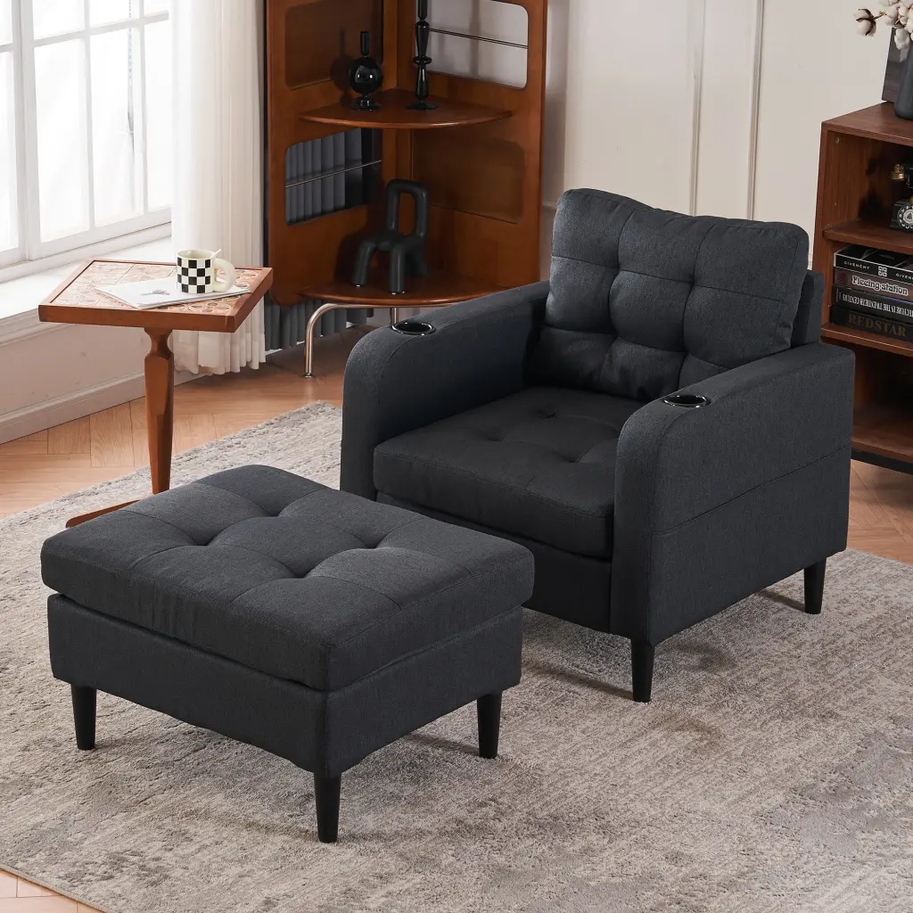 Dark Gray Upholstered Armchair And Storage Ottoman Set Cozy Living Room rnb