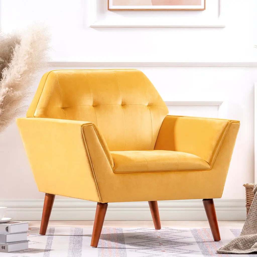 32 Inch Wide Tufted Armchair Yellow Fabric Polyester Living Room rnb