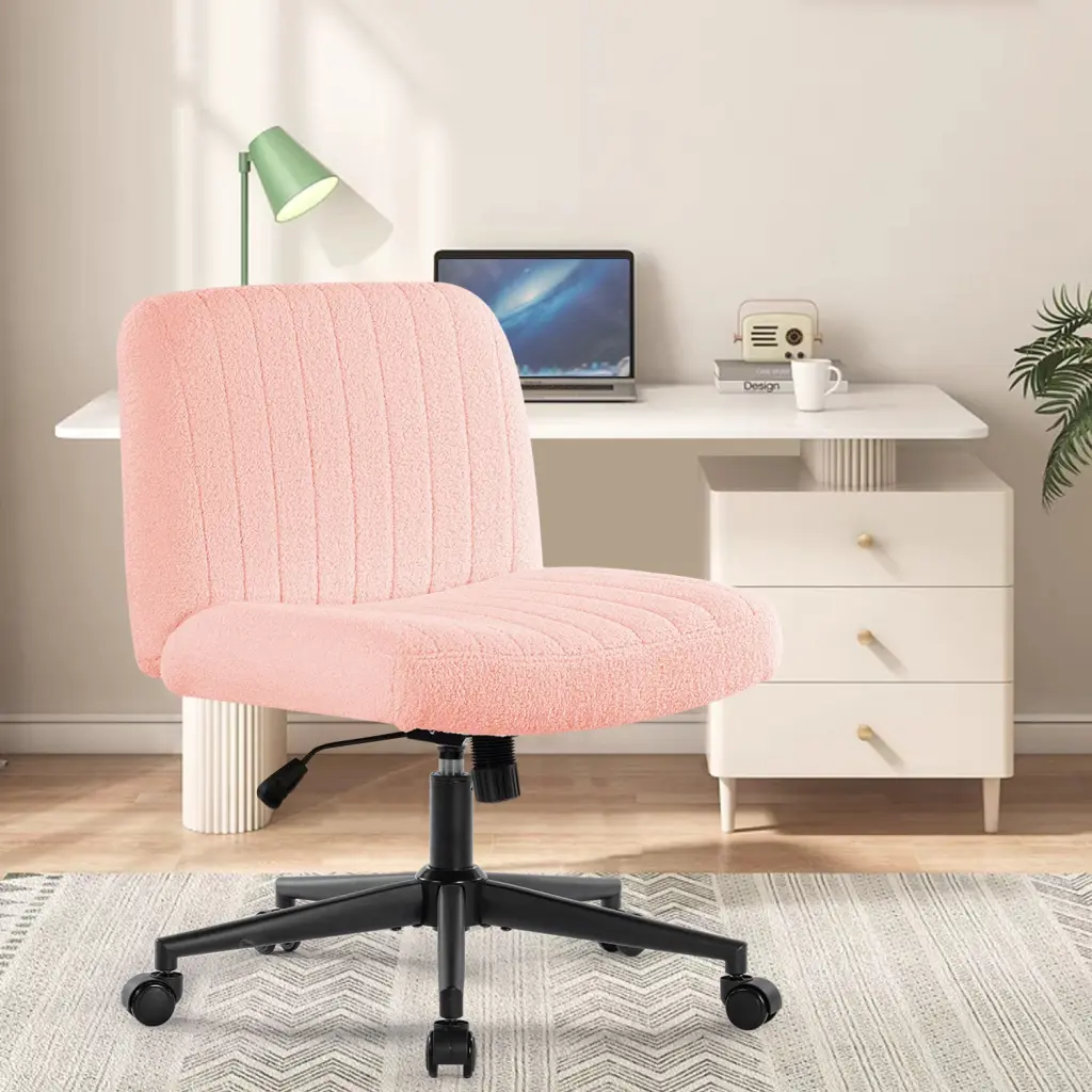 Office Chair Wheels Armless Teddy Velvet Wide Seat Ergonomic Desk Chair vanbow