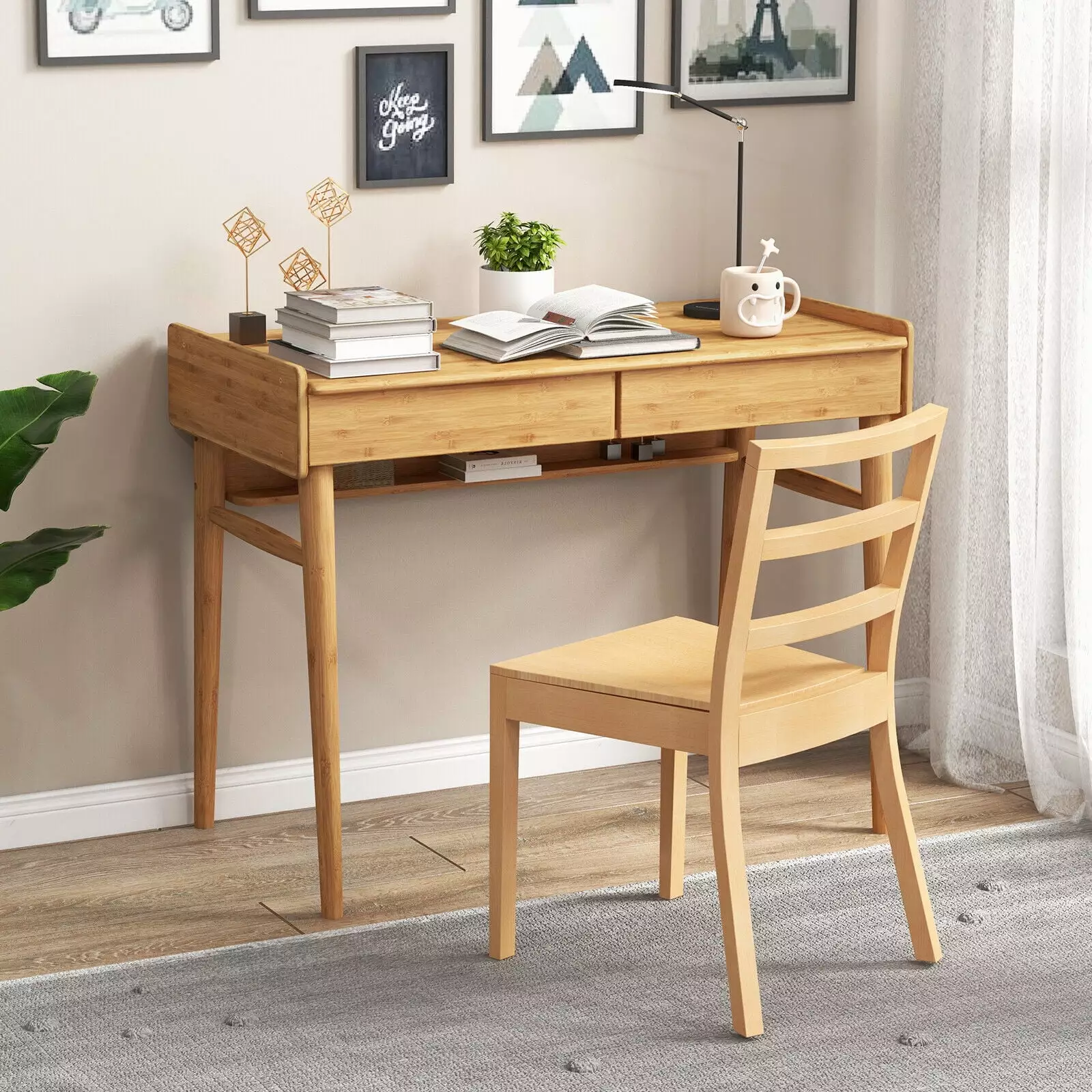 Exdeerjoy Bamboo Desk 39.5 Computer Desk Solid Wood Desk 2 Storage Drawers Open Bookshelf Home Office Bamboo Desk Dressing...
