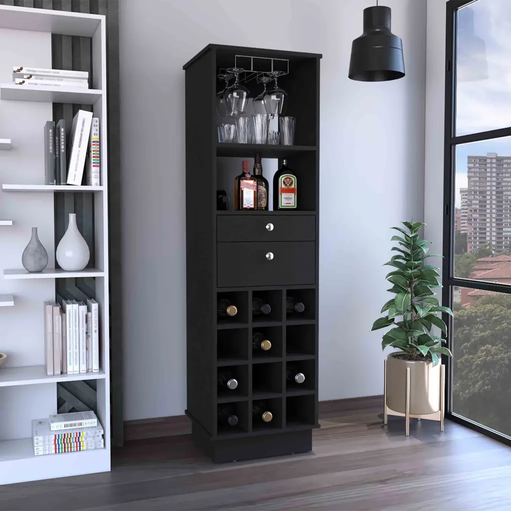 Zircon Bar Cabinet Two Drawers Black Particle Board Modern Home Bar Furniture depot e-shop