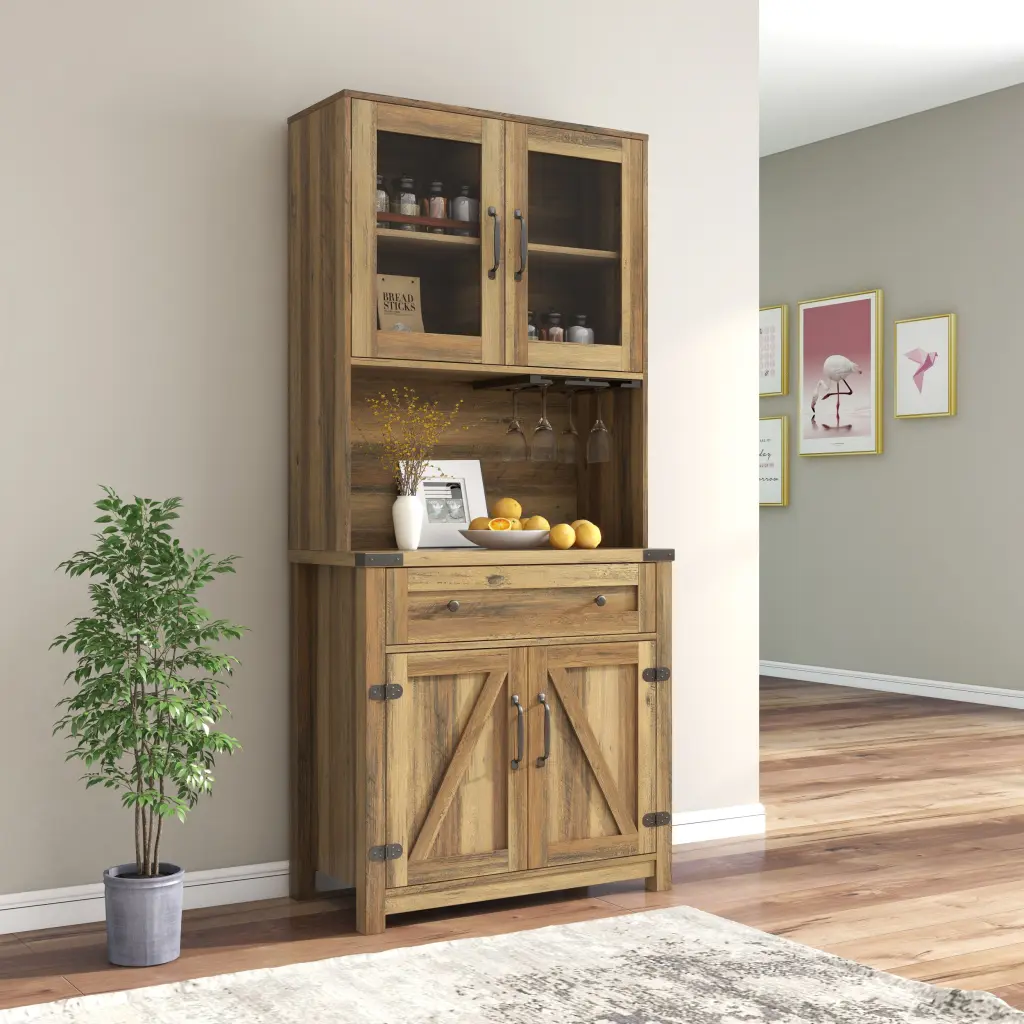 Modern Farmhouse Double Barn Door Accent Bar Cabinet Goblet Holder samchy