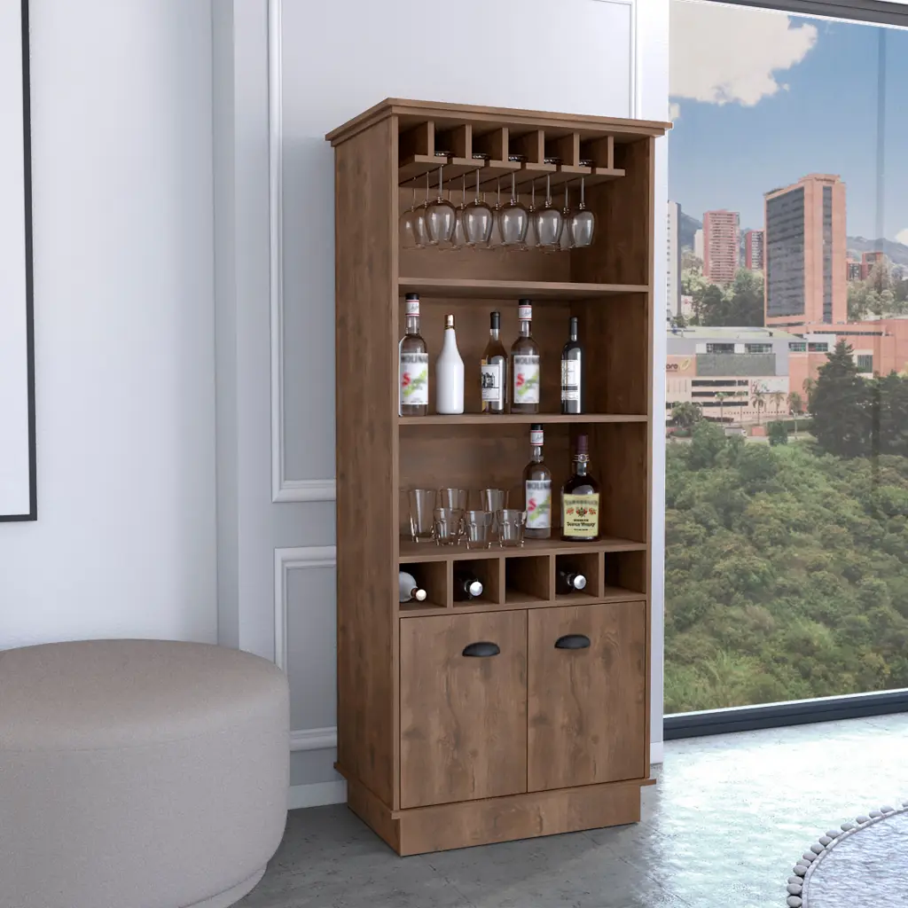 Dundee 70 Inch High 10 Glass Bar Cabinet 5 Cubbies 3 Open Shelves tuhome