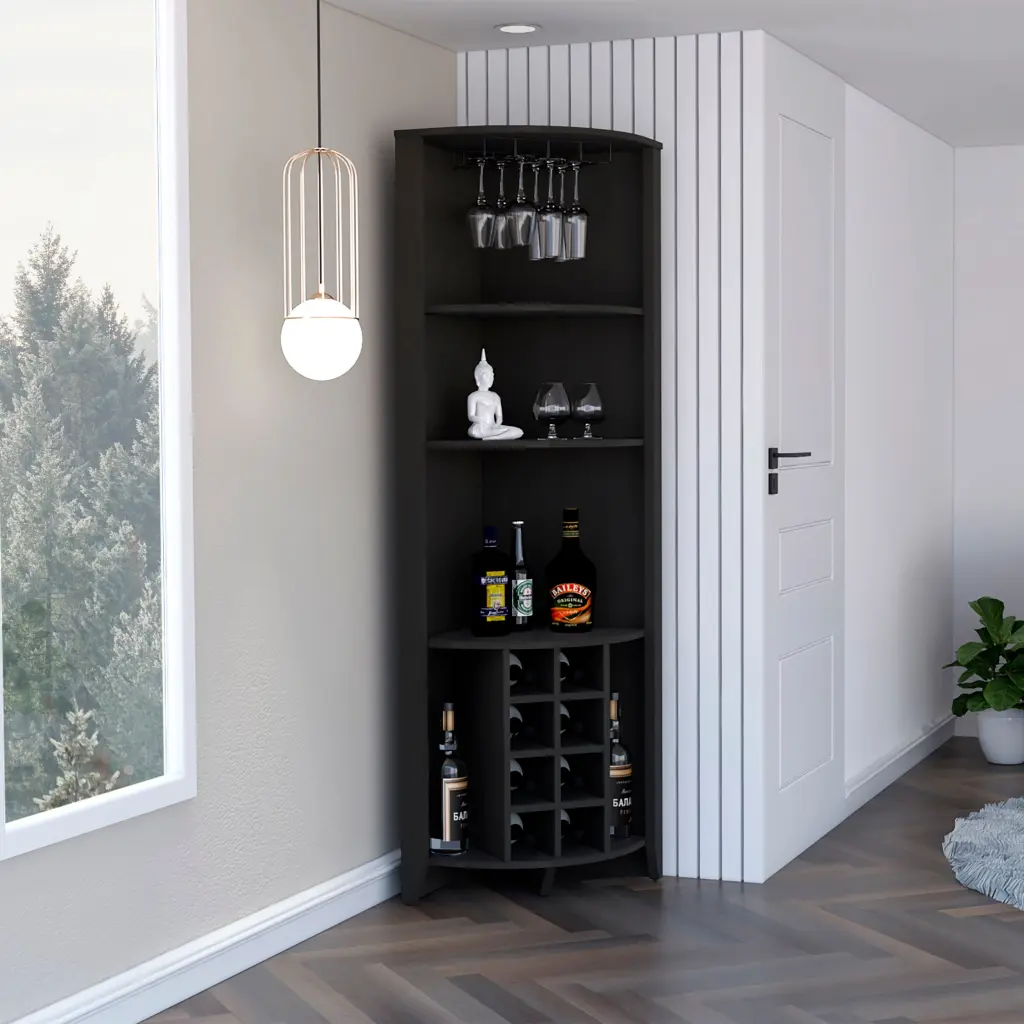 Essential Corner Bar Cabinet Three Shelves and Wine Rack tuhome