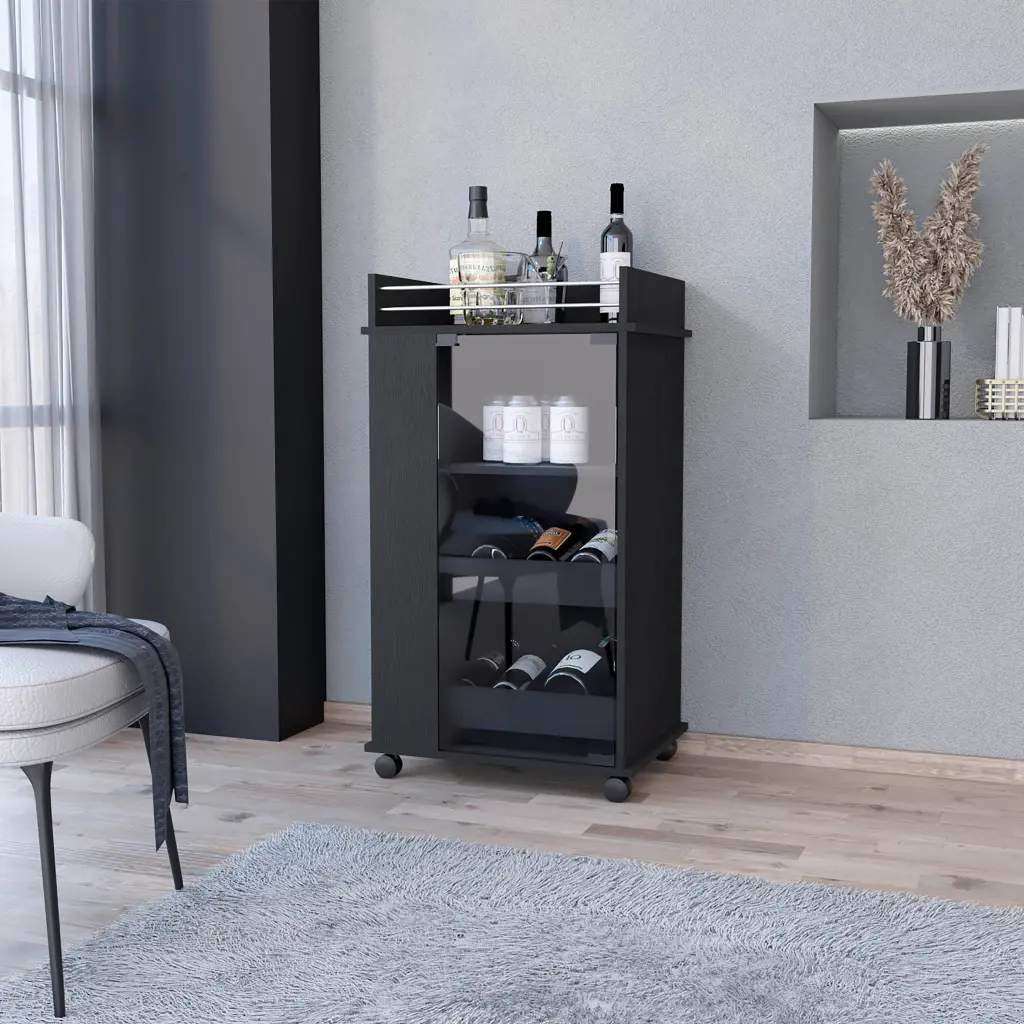Lusk Bar Cart 2 Bottle Holder Shelf Glass Door and Casters Black Home Bar fm furniture