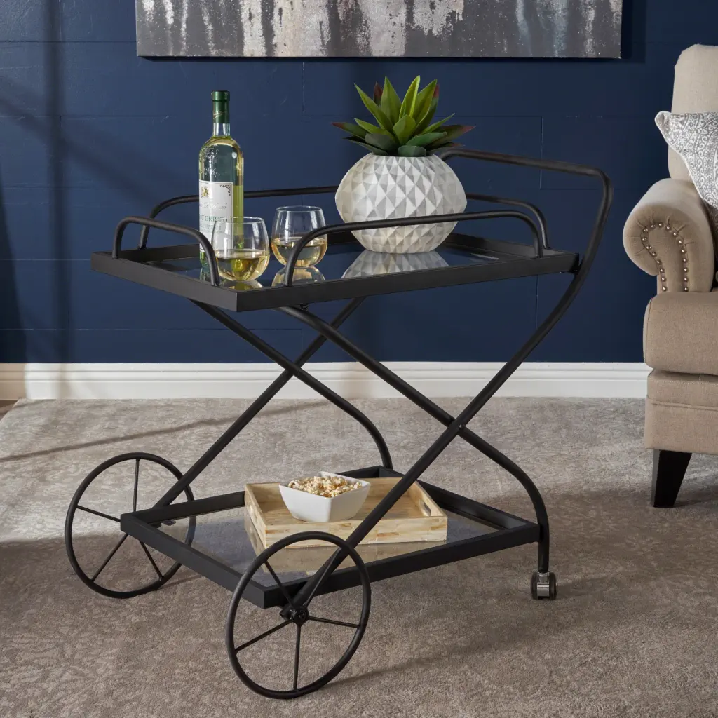 Black Glass Metal Bar Cart Mobile Serving Cart Home Bar Or Kitchen nh-cloudhouse