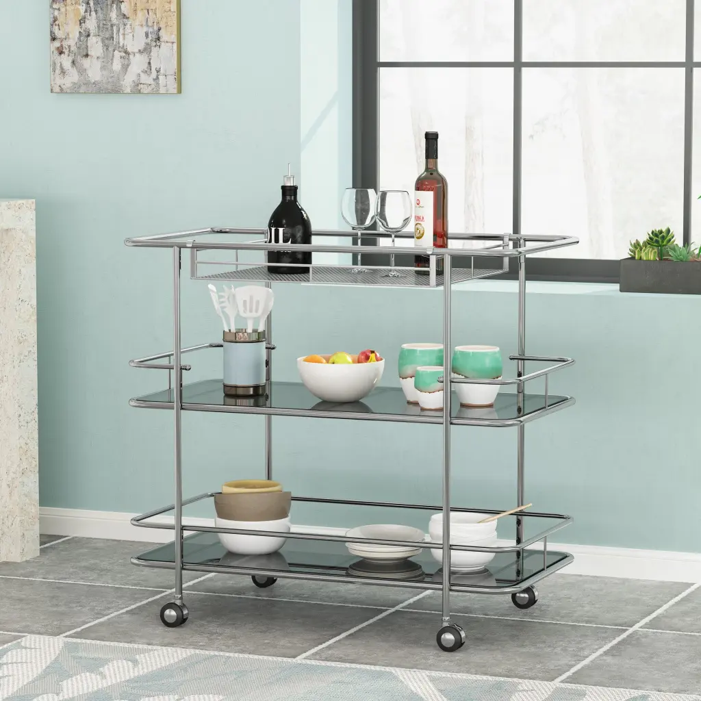 Metal Bar Cart Glass Black Silver Glass nh-perfect home