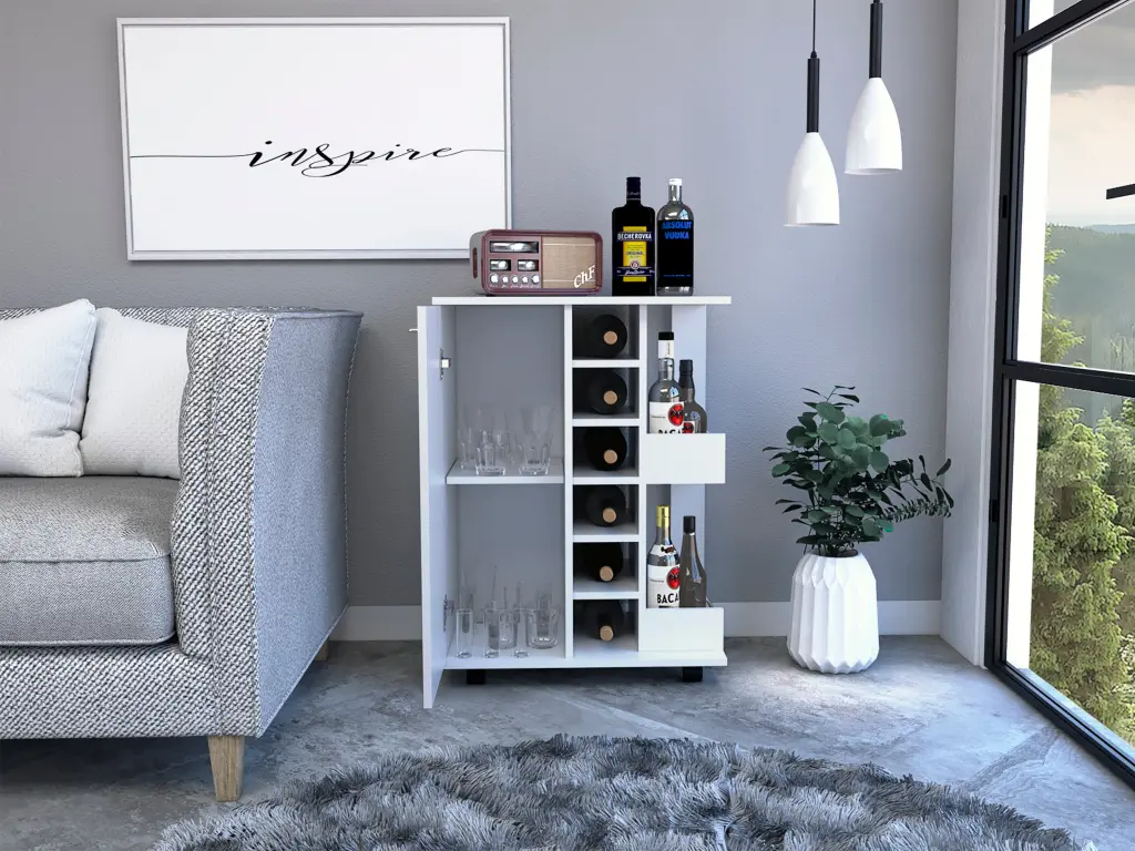 Bar Cart Four Casters, Six Wine Cubbies, and Single Door Cabinet treevol furniture