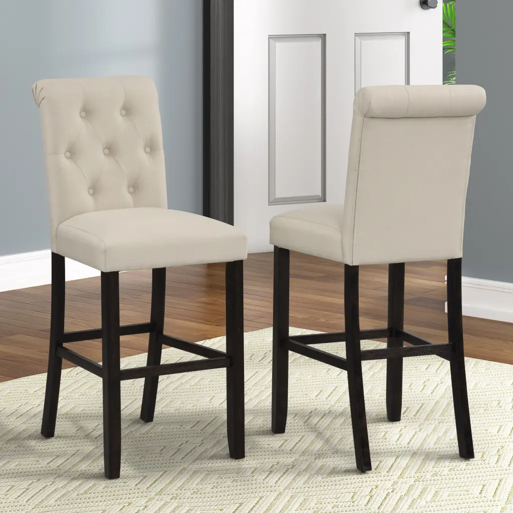 Leviton Solid Wood Tufted Barstool Set 2 Tan Polyester - Kitchen Island Stools Back Support hz