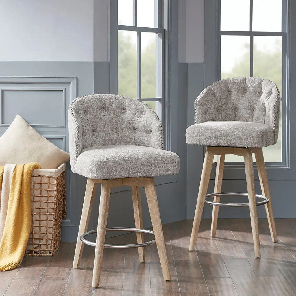 Upholstered 360 Degree Swivel Counter Stool 26 Inch Grey Polyester jla