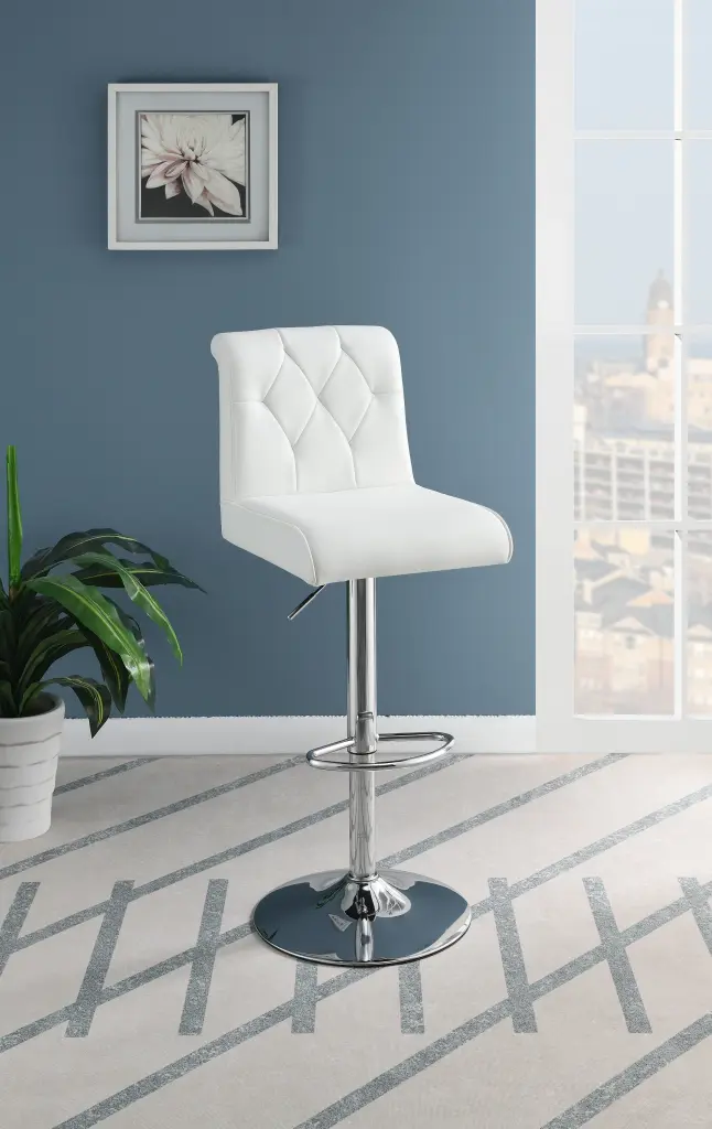 Adjustable Bar Stool Gas Lift Chair White Faux Leather Tufted Chrome Base kanepe