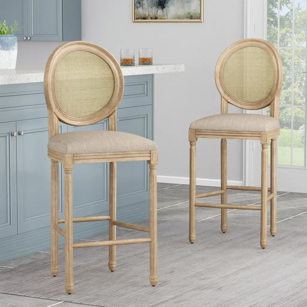 Barstool MP2 Set 2 Beige Natural Rattan Fabric Upholstery nh-cloudhouse