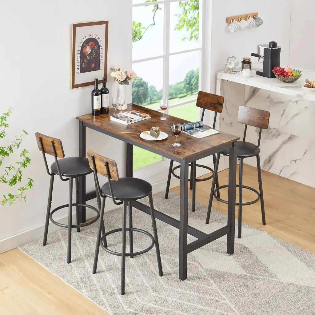 Bar Table Set 4 Bar Stools Pu Soft Seat Backrest Rustic Brown rnb