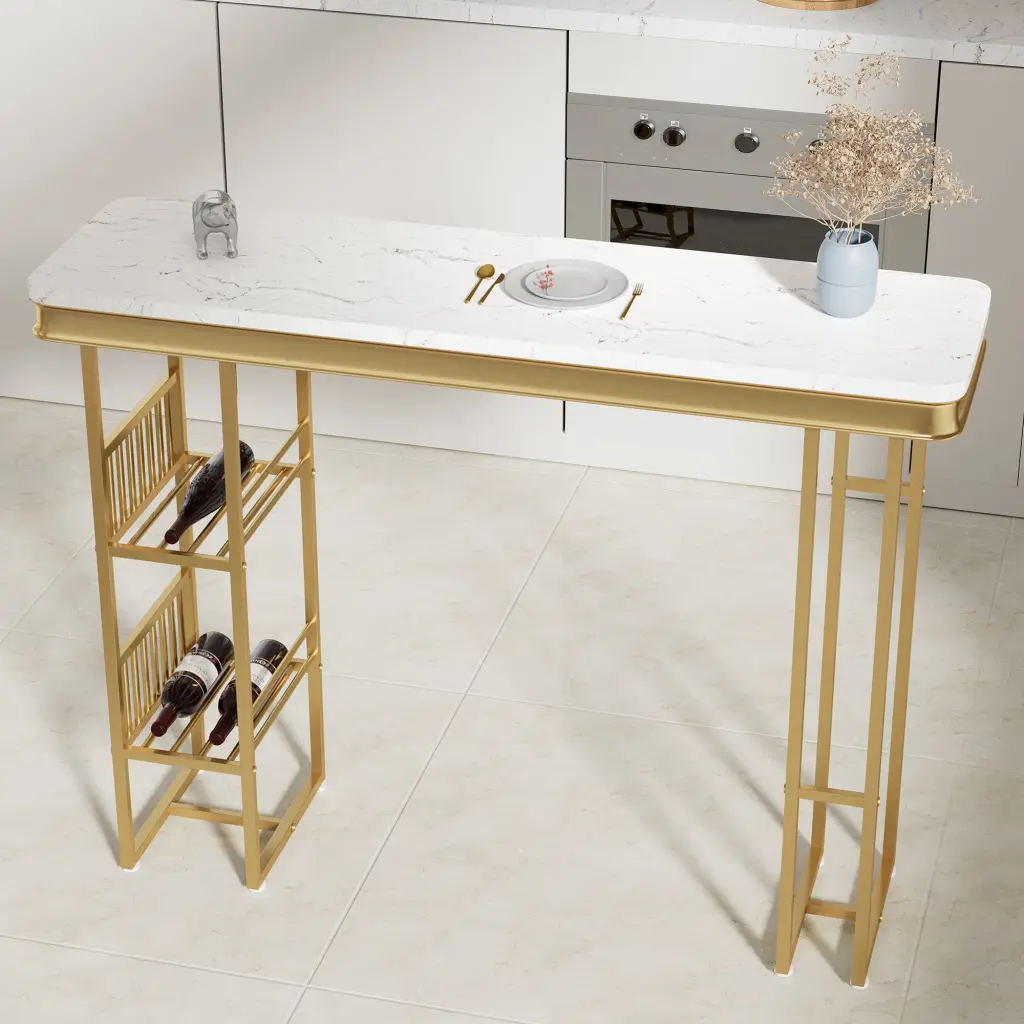 55.1 Inch Modern Straight Bar Table Shelves White and Gold Home Bar Furniture memory valley