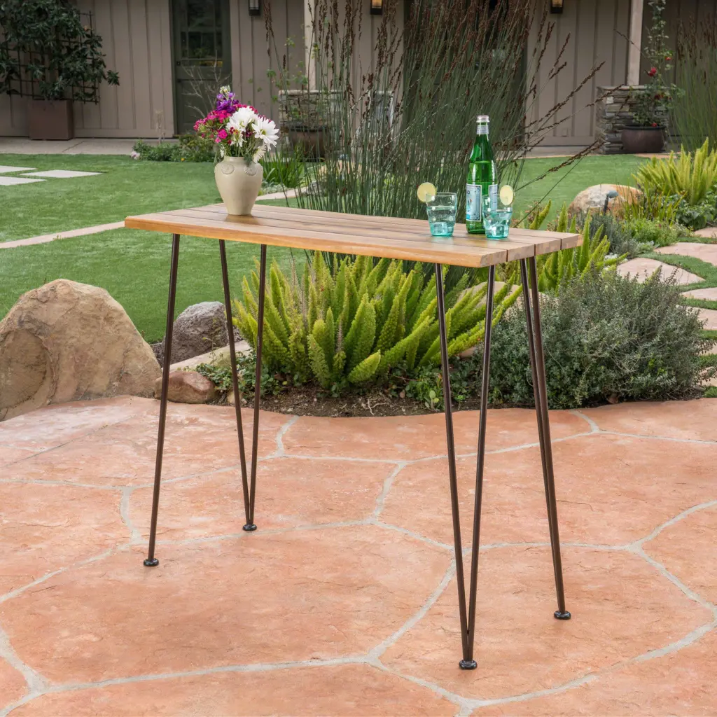 Denali Industrial Wood and Metal Bar Table Brown Acacia Wood Counter Height Table nh-home living