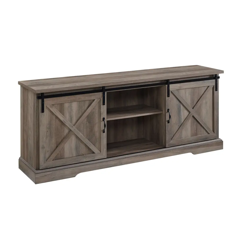 Farmhouse Sliding X Barn Door 70 Inch TV Stand 80 Inch TVs Grey Wash walker edison