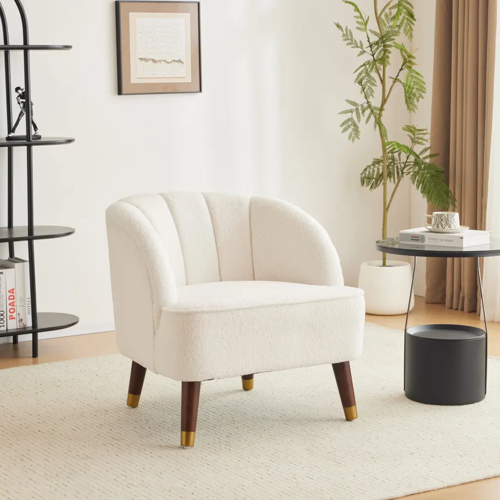 Upholstered Barrel Accent Chair White Rubberwood Legs Living Room nh-uhome