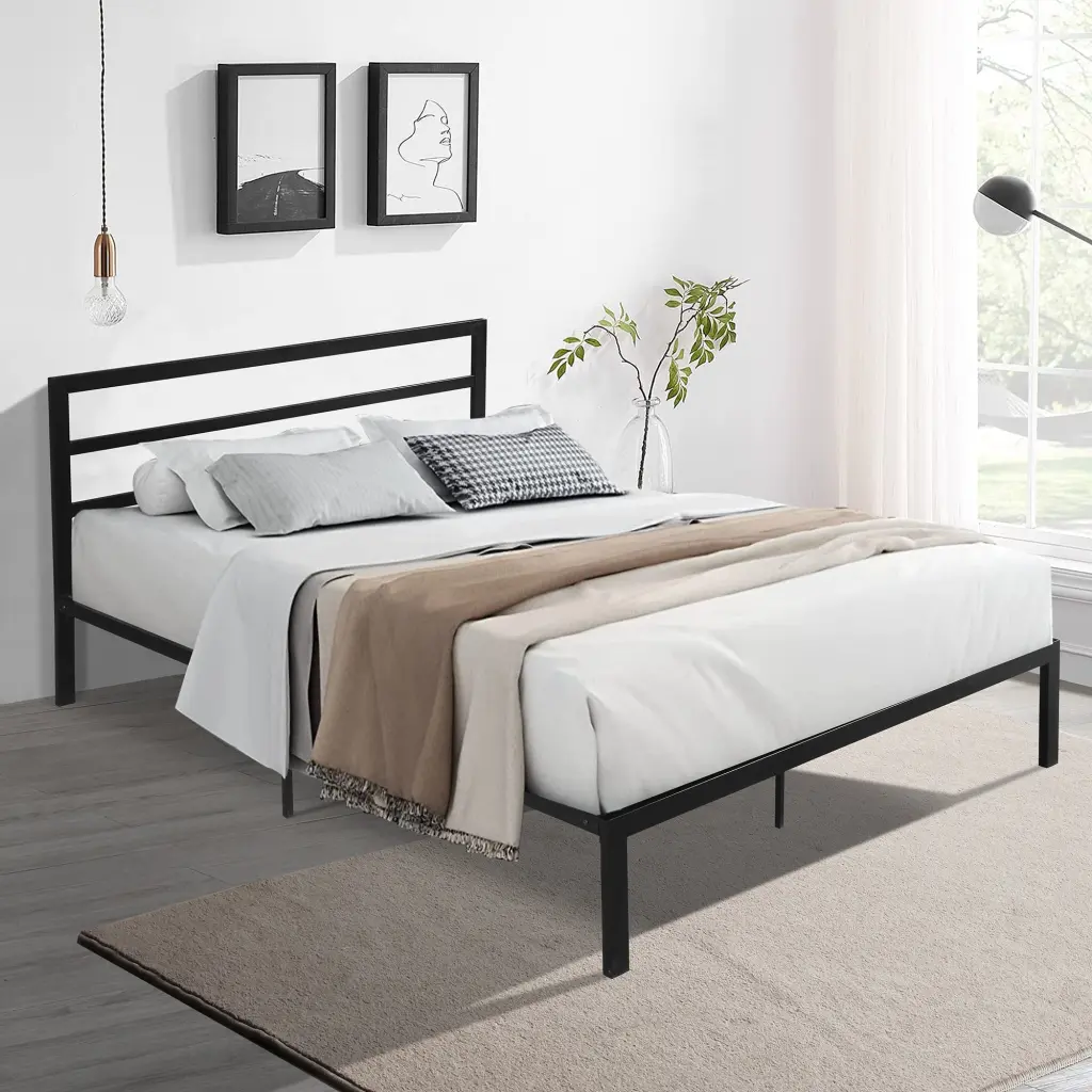 Queen Size Metal Bed Frame Headboard Black Finish Bedroom civilfurniture