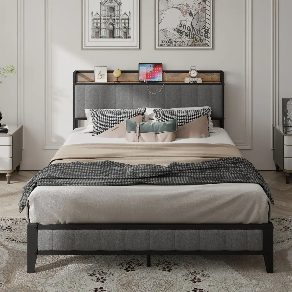 Queen Size Bed Frame Charging Station Upholstered Headboard Metal Frame f-concept