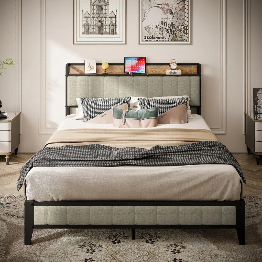 Queen Size Bed Frame Charging Station Upholstered Headboard Metal Legs f-concept