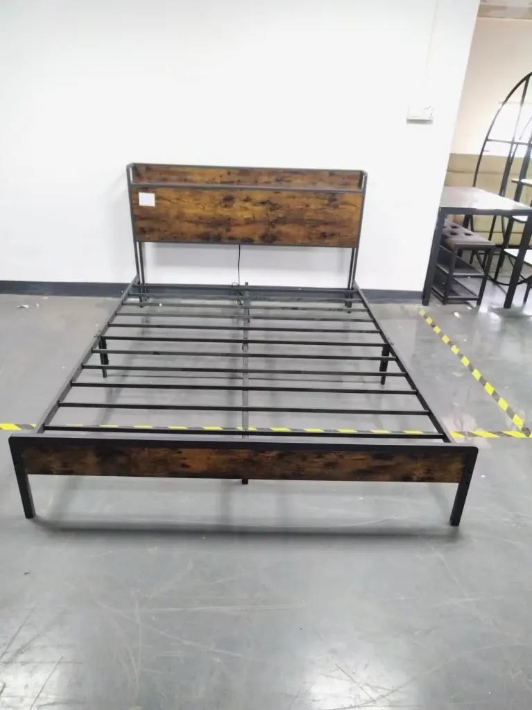 Full Size Bed Frame Charging Station Rustic Brown Finish jhx