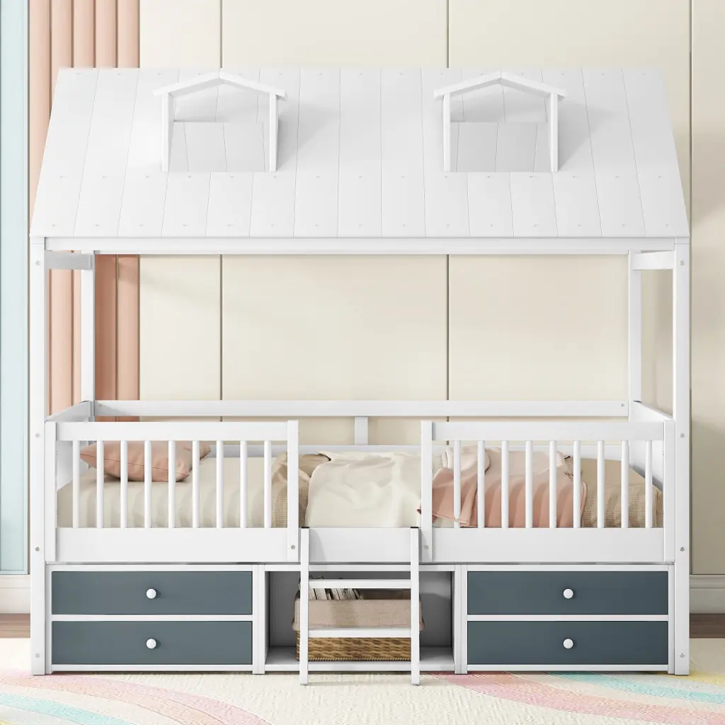 Full Size Wood Bed Frame White No Box Spring Required Houtilize Design lucky furniture