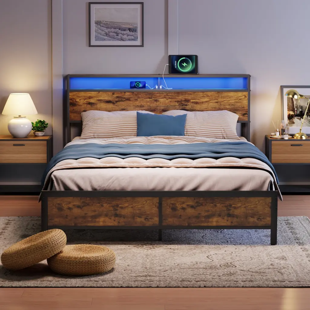 Industrial Queen Bed Frame Led Lights And 2 Usb Ports Bed Frame Modern Technology rnb