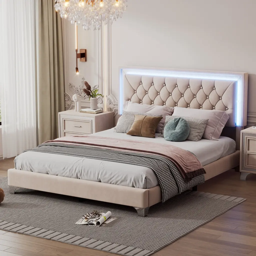 Queen Size Upholstered Bed Frame LED Lights Modern Velvet Platform rnb