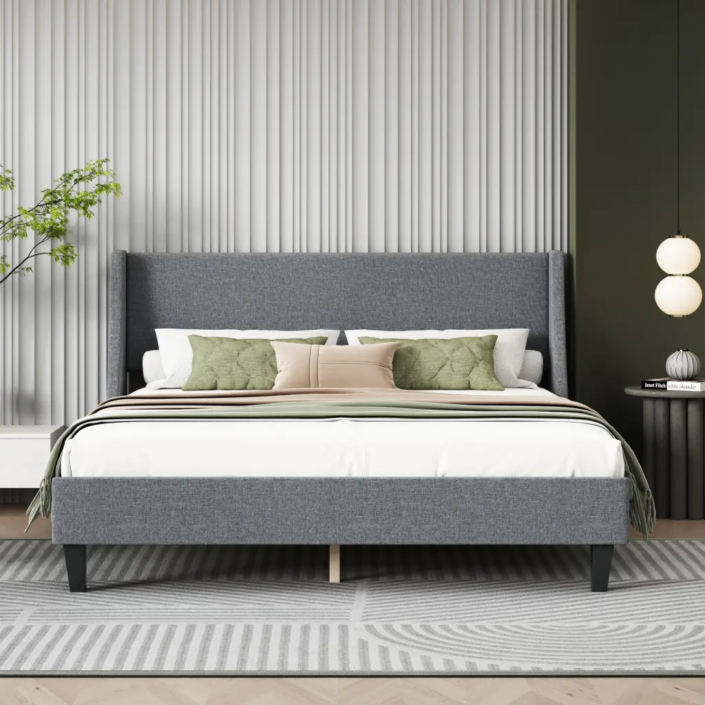 Queen Size Bed Frame Upholstered Platform Bed Non Adjustable Headboard sarkozy