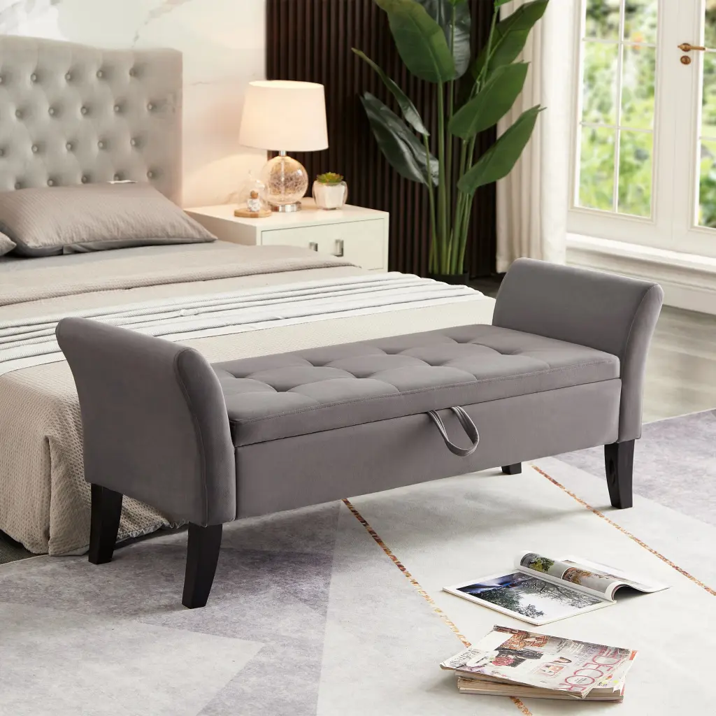 51.5 Inch Bed Bench Storage Grey Velvet Grey Foam Velvet hdf store