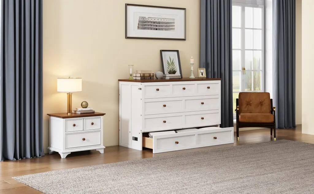 2 Piece Wooden Bedroom Set Full Murphy Bed and Nightstand White Walnut bed best