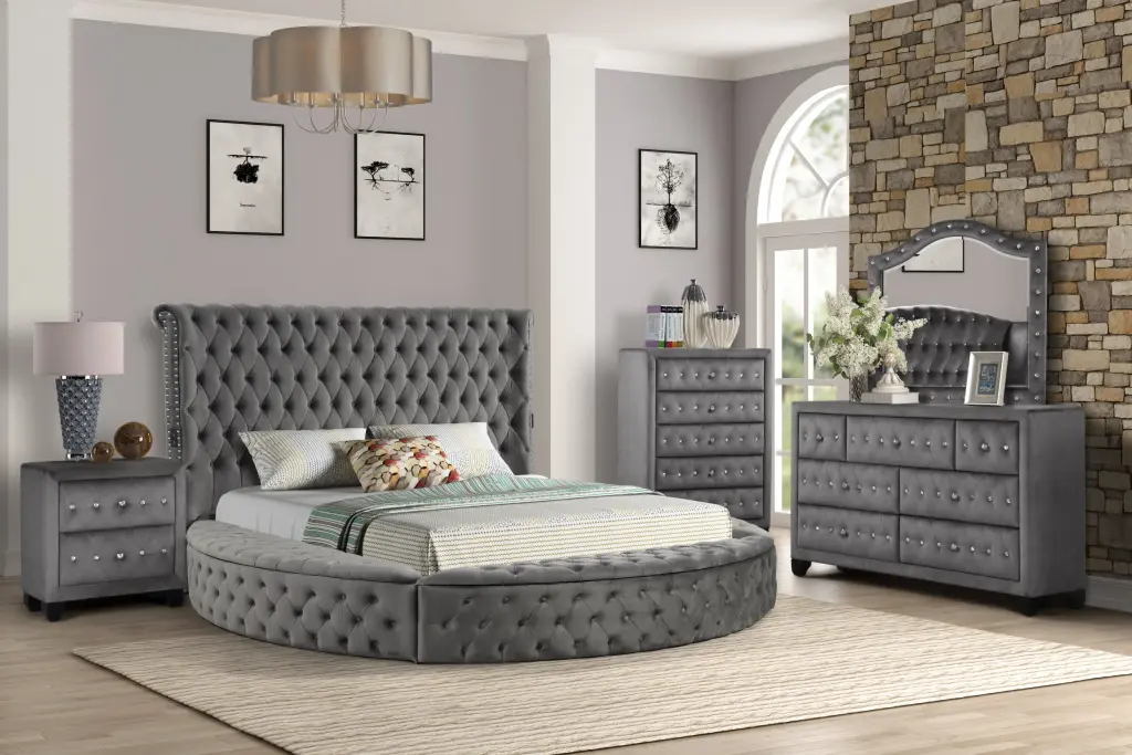 Hazel Queen 5 Piece Tufted Upholstery Bedroom Set Wood Frame Gray galaxy home furnishings