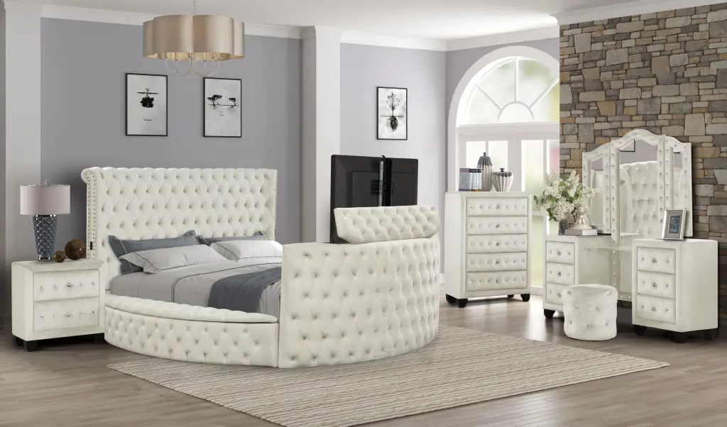 Maya Crystal Tufted King 5 Piece Vanity Bedroom Set Wood galaxy home furnishings