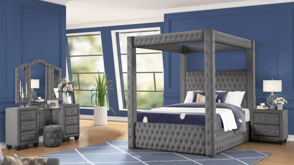 Monica Opulent Four Poster King Size 4 Piece Vanity Bedroom Set Wood Frame & LED Lighting galaxy home furnishings