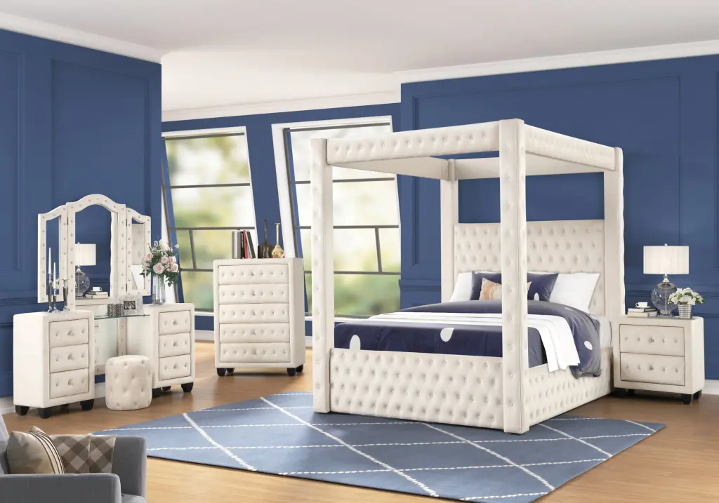 Monica Opulent Four Poster King 5 Pc Vanity Bedroom Set Wood galaxy home furnishings