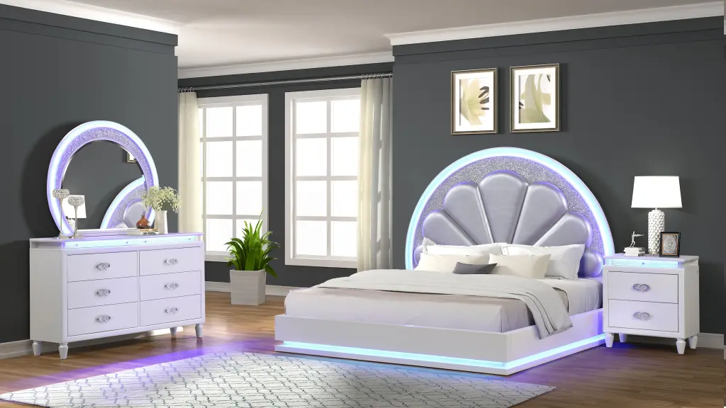 Perla King 4 Piece Led Bedroom Set Wooden Milky White Box Spring Mattress galaxy home furnishings