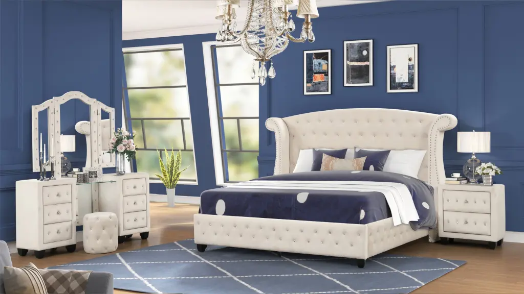 Sophia Crystal Tufted Full 4 Piece Vanity Bedroom Set Wood Construction galaxy home furnishings