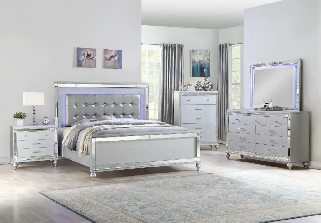 Sterling King 5 Piece LED Bedroom Set Wood Silver Color galaxy home furnishings