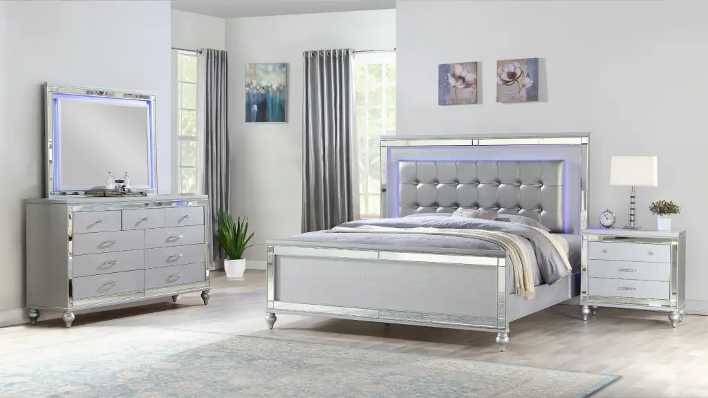Sterling Queen 4 Piece LED Bedroom Set Wood Silver Color Box galaxy home furnishings