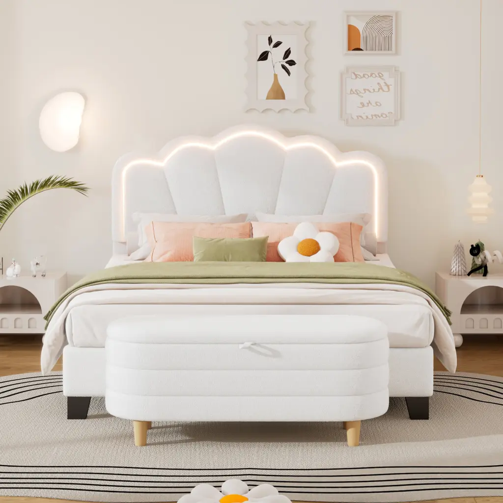 2 Pieces Bedroom Sets Full Size Flower Influenced Upholstered LED Platform Bed homey life