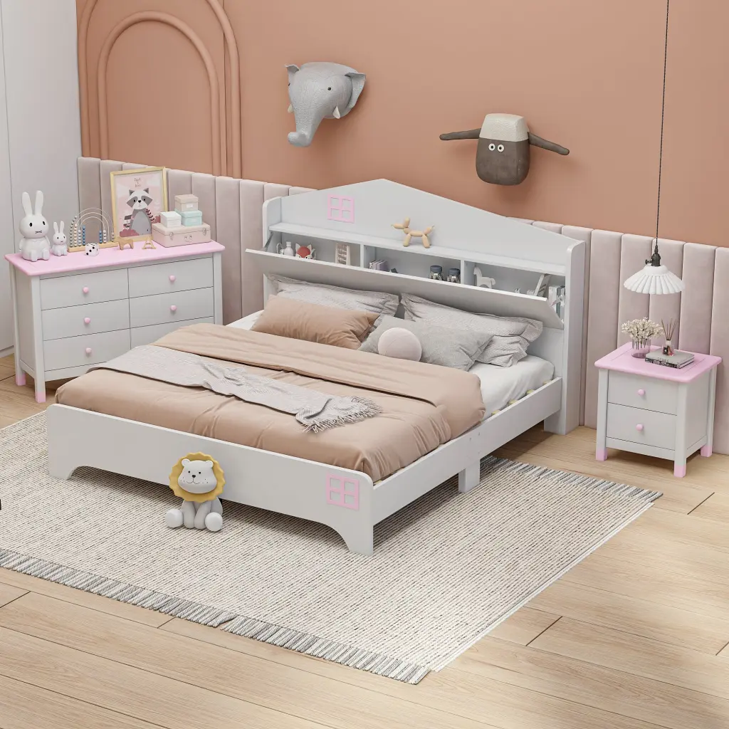 3 Pieces Bedroom Sets Full Size Houtilize Bed Storage Headboard, Wood homey life