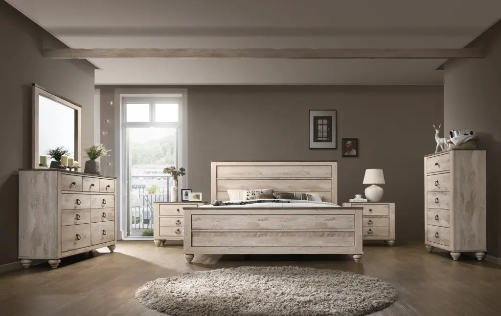 Imerland Contemporary White Wash Finish Bedroom 6 Piece Set Queen Bed hz
