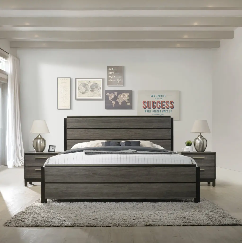 Ioana Antique Grey Finish 3 Piece Wood Bedroom Set King Size Bed and Nightstands hz