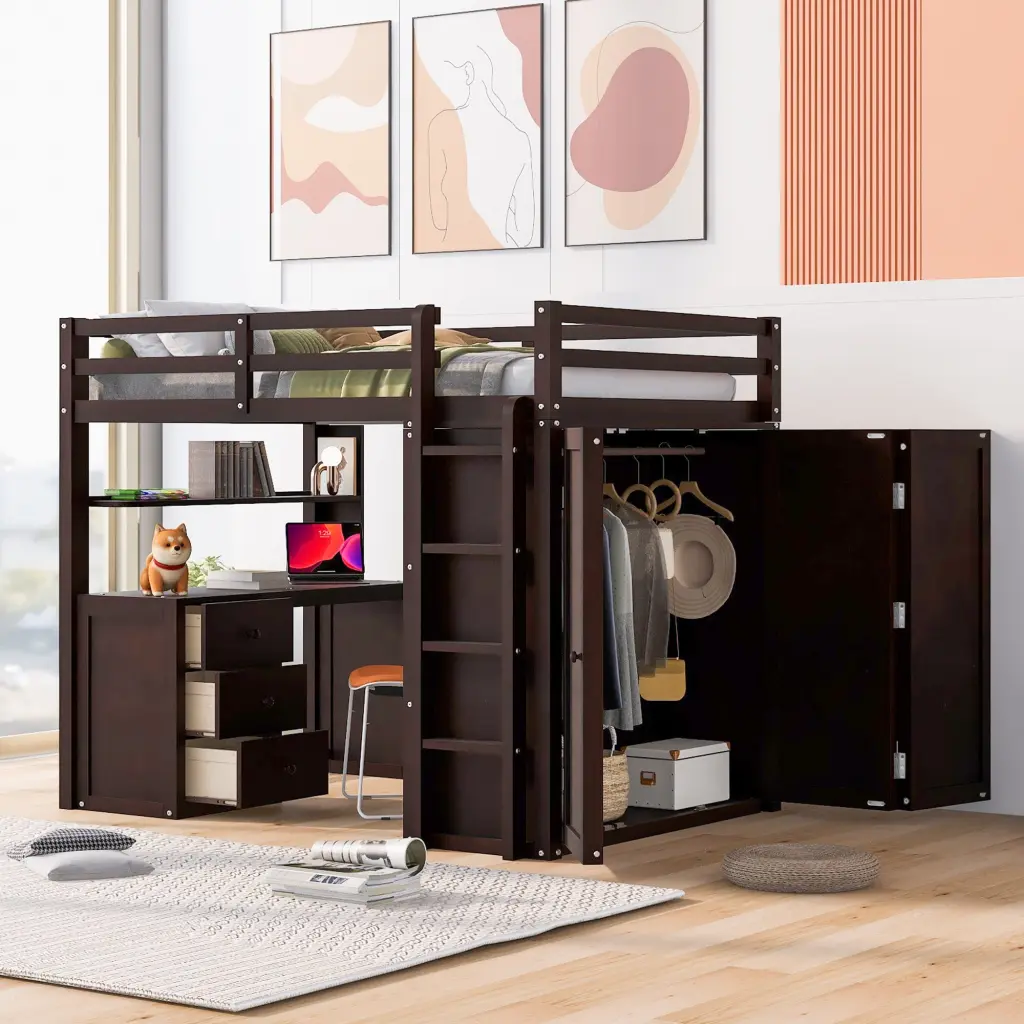 Full Size Loft Bed Drawers, Desk, And Wardrobe, Espresso Solid Wood lucky furniture