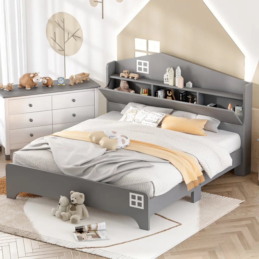 Wooden Full Size Houtilize Bed Storage Headboard Kids homey life