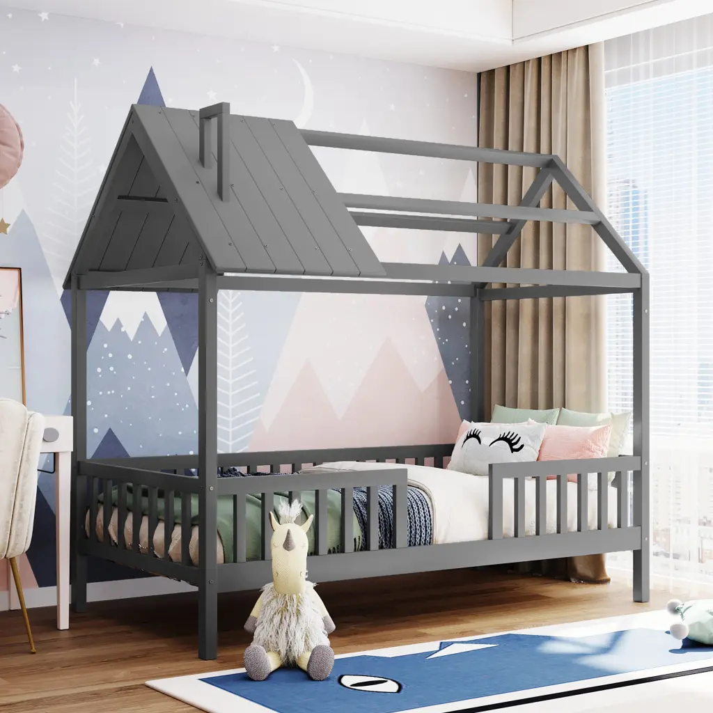 Twin Size Wood House Bed Fence Gray Solid Wood Kids Bed lucky furniture