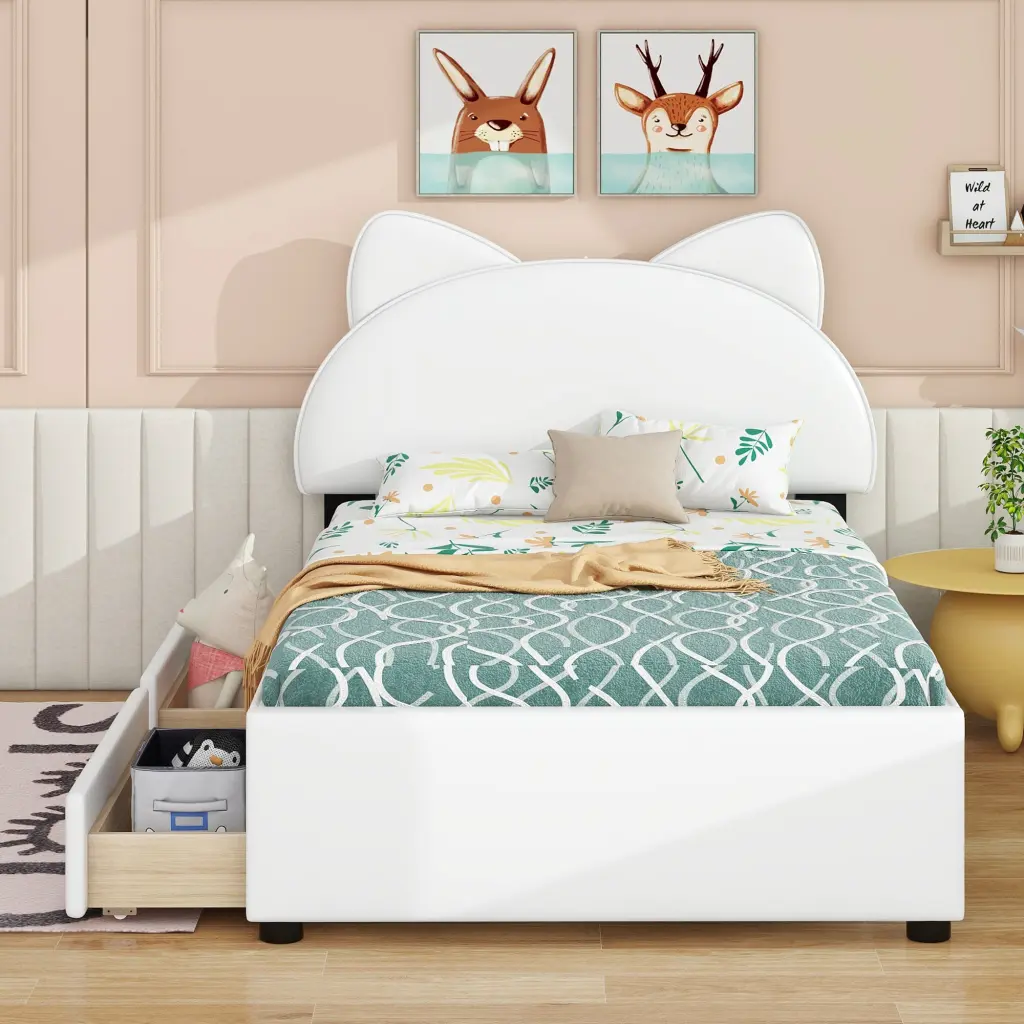 Twin Size Upholstered Platform Bed Cartoon Ears Headboard wm dreamland