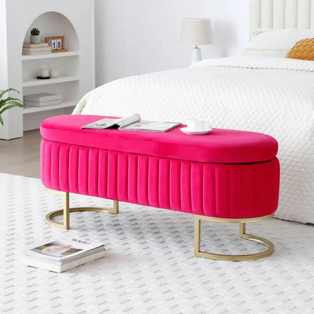 Velvet Oval Upholstered Storage Bench Bedroom or End Bed aijiafurniture